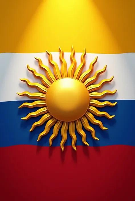  Make a flag with the colors yellow, blue, white and red with a golden sun as a shield , And that the outline of the flag is four stripes in a horizontal direction

