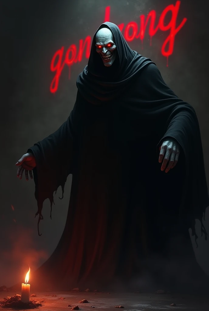 a black shadow with a deathly pale face with red eyes smiling angrily wearing a black robe in the dark of night and lit only by a candle on the floor with the words GONDRONG glowing in neon red