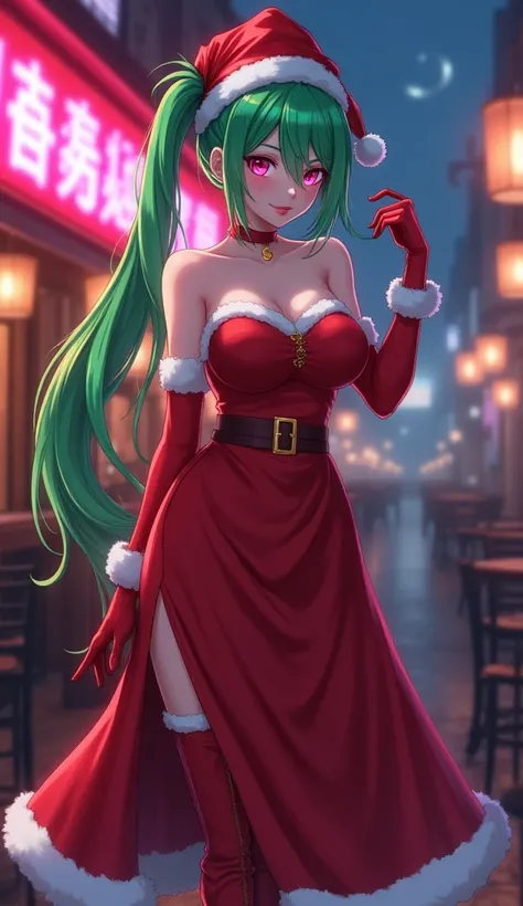 Green hair pigtails ,   tuft covering an eye  ,  neon pink eyes , mujer adulta, girl,  

 Beautiful Santa Claus girl from anime


Red Santa Claus long dress, neckline on the dress on one leg, white edges, strapless, red stockings,  long red boots  , long r...