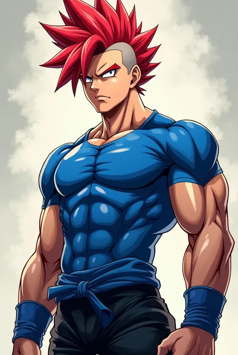 A BLUE LOCK-style anime character with red but shaved expensive hair would be incredible physique with a blue shirt and black shorts