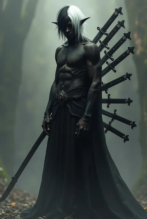  Generate fictitious image of a man with half white and half black hair.  Mask covering only one eye , And with eight swords in the sheath . 1, 88 tall ,  thin and strong.