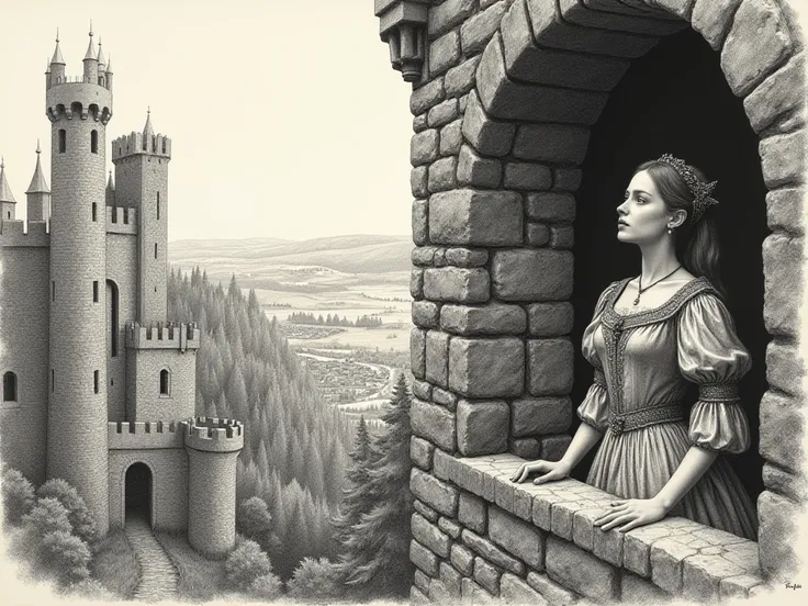 A medieval drawing of A princess trapped in a castle