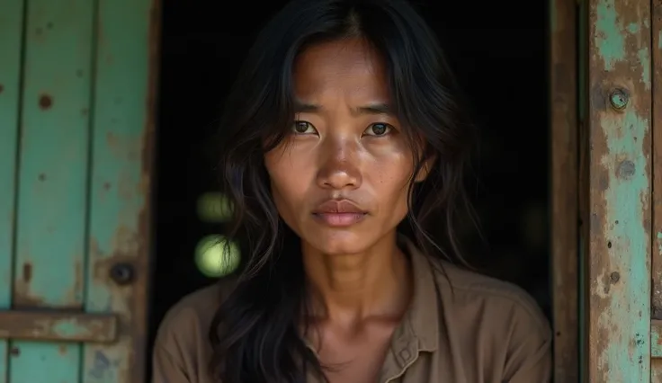 Beautiful Indonesian village woman aged 30, long wavy hair, wearing a brown long-sleeved shabby casual shirt, crying and tears flowing down her cheeks, rural village house background. hyper-realistic, high contrast, high color effect, 8K, detail, focus.