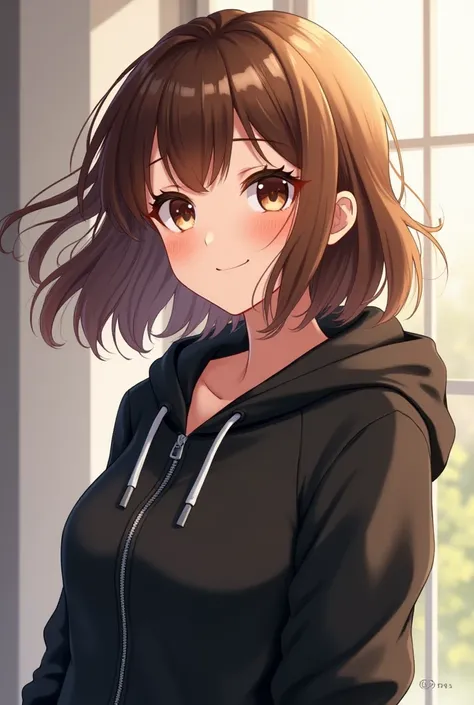 Make an anime girl with brown hair wearing a black Hoodie and smiling