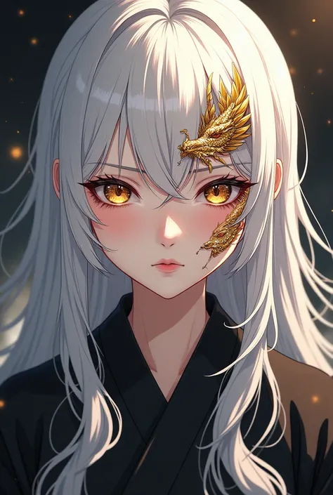 girl with white hair in a black kimono
 golden dragon tattoo on the face
anime style