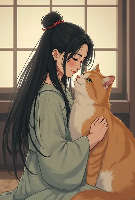 Japanese woman with long hair wath big cute cat