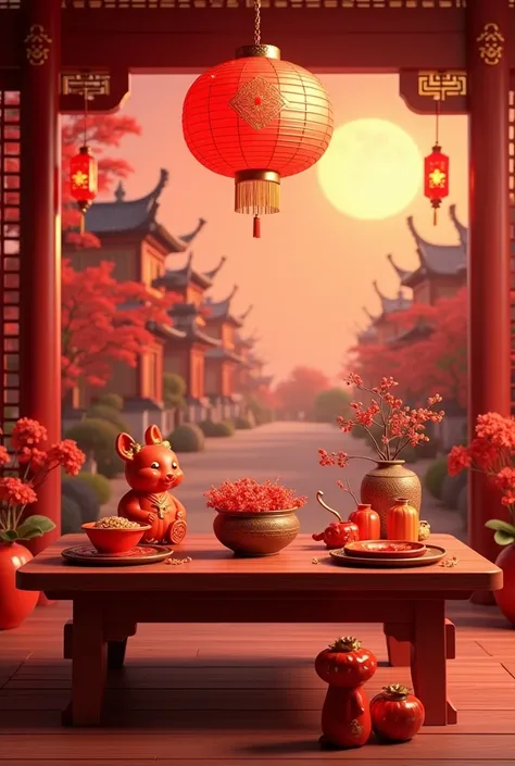 Fais un décor réaliste sur le thème nouvel an chinois tout ça en arrière-plan suivi d'un premier plan en gros zoom avec une table décoration chinoise