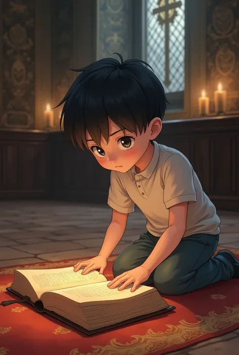 Create an anime-style boy reading the Bible in a kneeling verse 