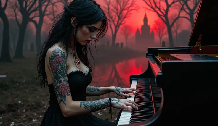 sexy woman, tattoo on arms, Playing the piano one eye red and the other black,  With your clothes all torn, Black forest in dark black aura climate black red ,  forest of trees dead of thorn ultra details castle lake tombstone red aura
