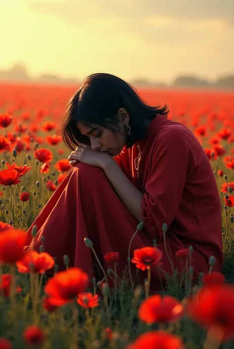 Indian , recroquevillé dans un champ de coquelicots, who cries