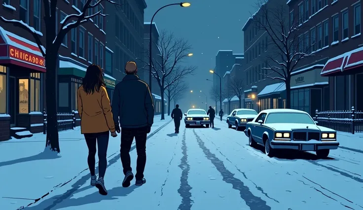 A dimly lit Chicago street blanketed in snow, with two figures (the protagonist and his girlfriend) walking cautiously, their body language tense. In the distance, the shadows of gang members loom near two parked Chevy Impalas. The heavy snowfall obscures ...