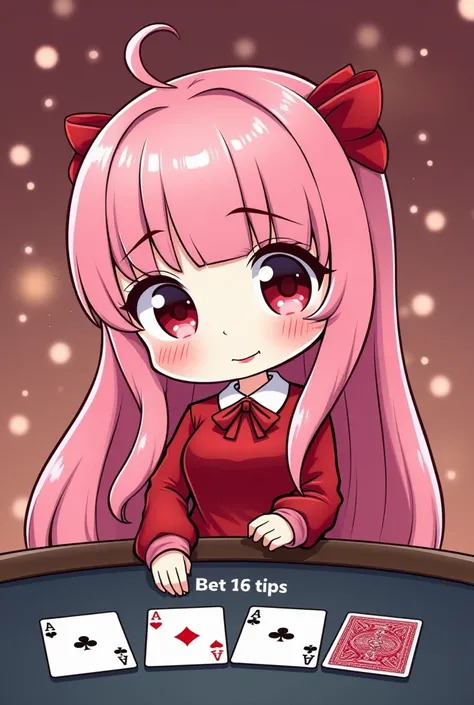   Draw me a picture of Nikki in the fashion star game for the New Year with a blackjack game with a score of 16kr, Nikki Pink Hair, play cards too ,  dress is red but simple ,  and take note of drawing chibi 