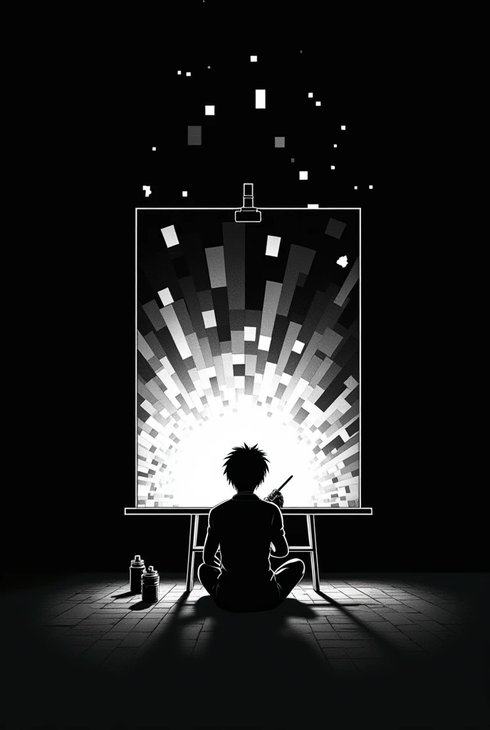  A minimalist design in black and white with a black background that shows a seated person painting a canvas ,  where the painting is transformed into large, geometric pixels in white to facilitate the application of ink in lithography. The style should be...