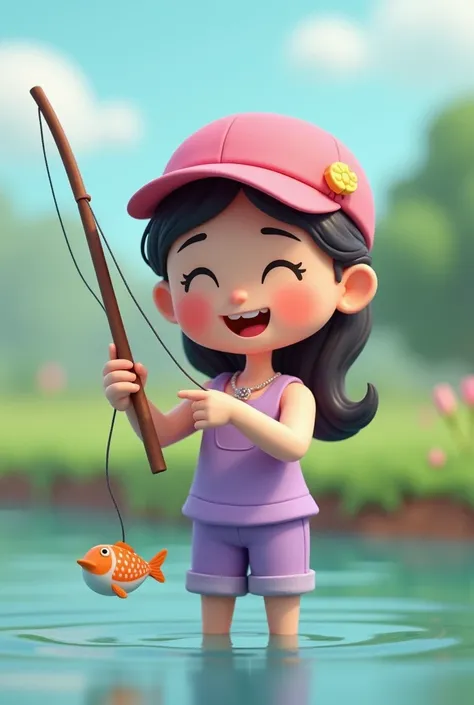 create a  girl in 3d pixel format, she is happy, likes fishing and is holding a little fish in her hands. she is wearing a lilac outfit and