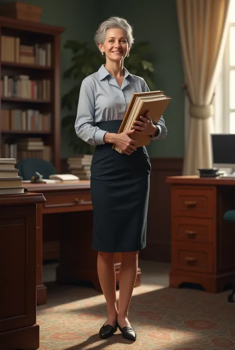 slim woman secretary British,    crewcut , 60  years old, standing in office, secretary dress, legs,  wishing welcome, happy, carrying files