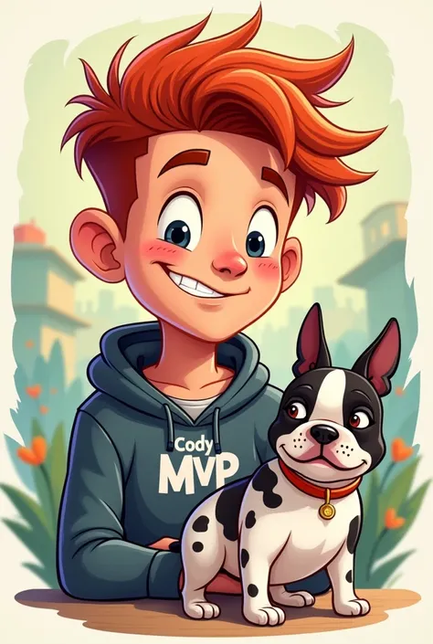 CREATE A RED-HAIRED MALE CHARACTER IN A CARTOON WITH A WHITE FRENCH BULLDOG WITH BLACK SPOTS AND WRITTEN ON THE FRONT WITH CODY MVP 