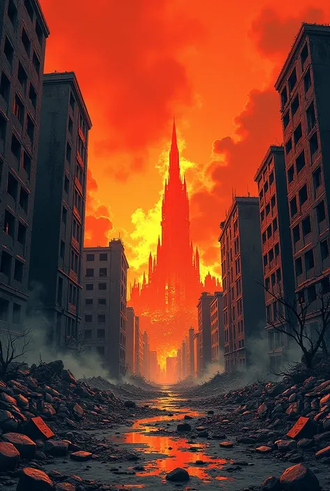  70's Comic-Style Cartoon
Make a destroyed city, orange sky, House and Buildings on Fire ,  AN APOCALYPTIC SCENARIO, An Evil Empire Rising  