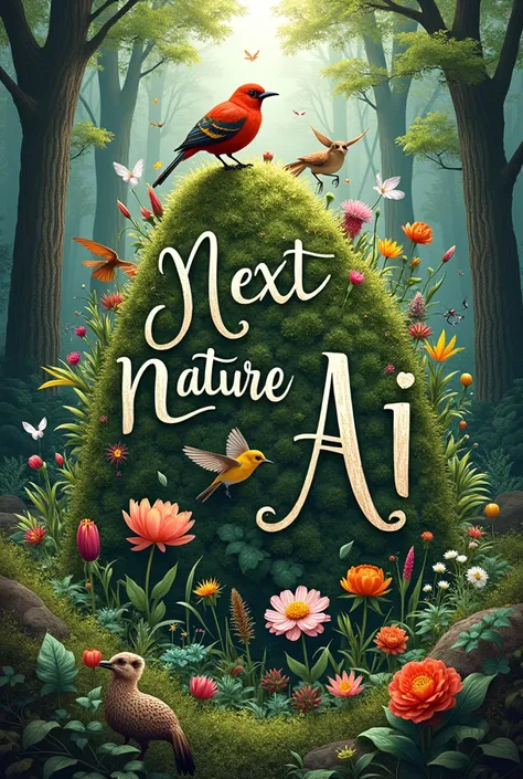 Make image where NextNature written up and AI written down with beautiful flowers, animals and forest 