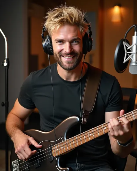 A realistic 30-year-old handsome man, fit and slim with a muscular build, blonde messy out-of-bed pop-punk hairstyle, and a neatly trimmed brown beard. He has striking blue eyes and is smiling as he records bass guitar in a modern music studio. The man is ...