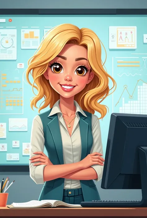  A vibrant and friendly illustration of a modern teacher of Information Technology ,  of skin
light brunette ,  blond hair with stripes ,  dressed in a youthful style ,  smiling while wearing a
computer ,  in front of an electronic whiteboard showing graph...