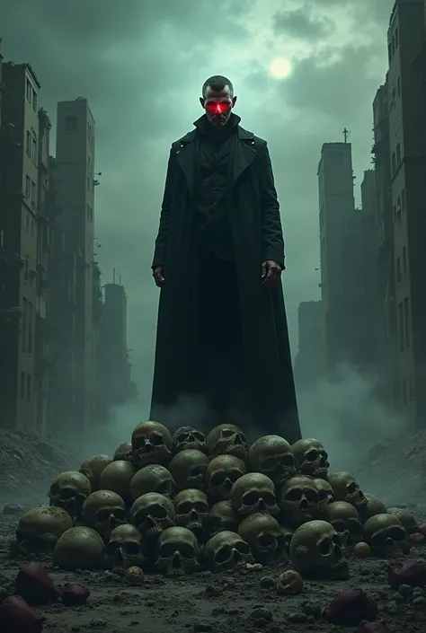  Images of a man standing on human skulls with a red and evil eye. Behind him buildings in rubble under a dark sky 