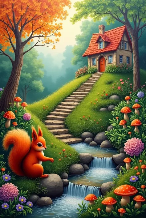 textured acrylic painting of ethereal garden with red mother and baby squirrels. Dreamy, misty garden. Soft orange, green and purple colors. Winding rock stairs leading to beautiful cottage on the hillside. Lush flowers, mushrooms and flowing stream in gar...