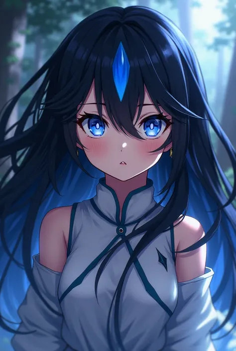 Please make an anime character a girl from "demon slayer" He has long hair black hair with the blue center of the eye blue