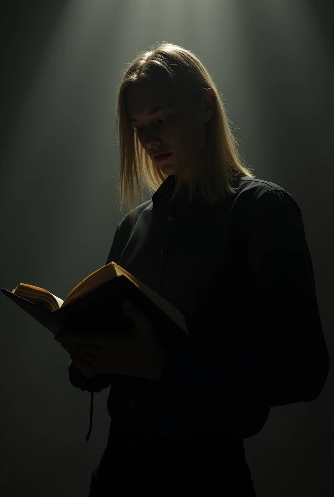 Dark silhouette of a man with a book in his hands , with straight blond hair and black shirt ,  horror 3d reality absurd solution)),  body masterpiece,  best quality skirt, ( Extremely detailed 8k unity CG wallpaper), ( best illustration),   realistic ligh...