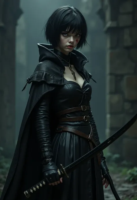      A pale girl with short black hair    , From the Middle Ages 3D      , realistic, arcane style, with clear eyes,   sadistic smile, Sensual ,     dark clothes with dark hoodies, medium-dark leather armor ,  cut on the right eye, seductive look   ,     h...