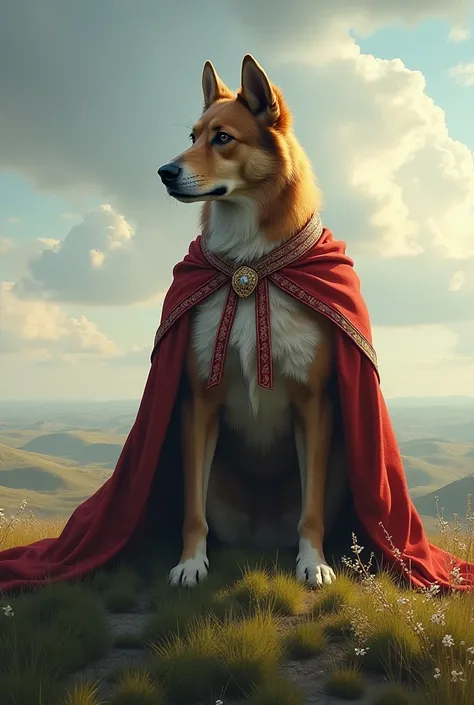 The realistic Dog King on the Hill:  looking at the horizon , worried,  with his cape fluttering in the wind .