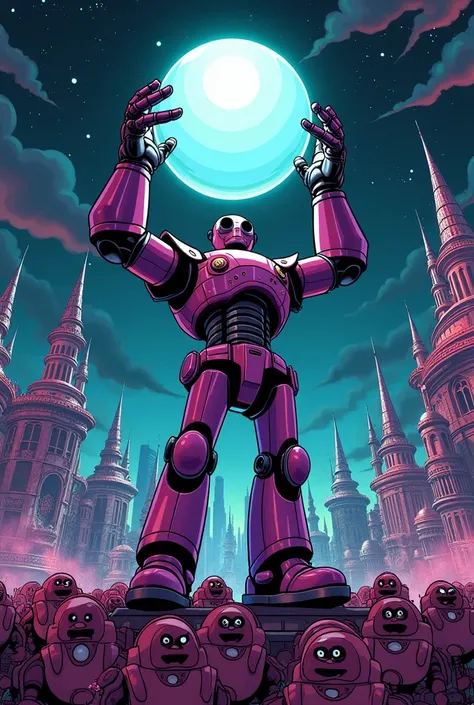 A majestic retro-futuristic robot drawn in comic book style, standing triumphantly on the roof of a grand futuristic palace. The robot is holding a glowing crystal ball high in the air, its mechanical arms detailed with bold, clean comic-style lines. Below...