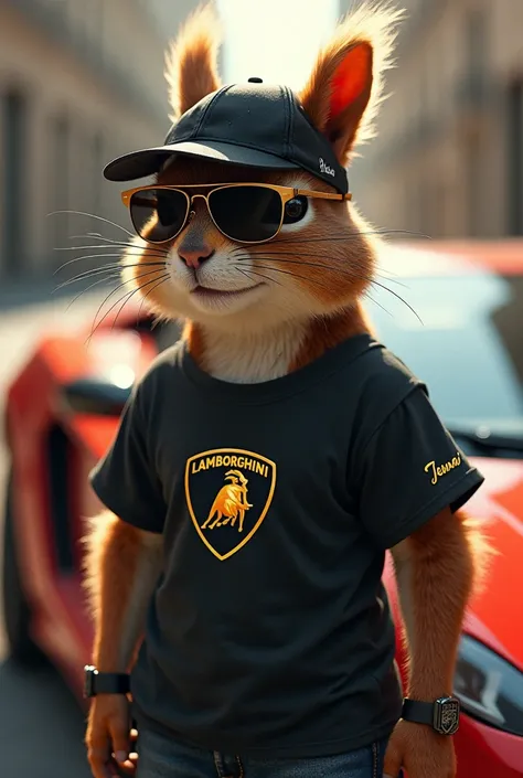 An elegant male squirrel wearing renegade clothing that says Jesner wearing sunglasses and a cap standing next to a Lamborghini on his t-shirt