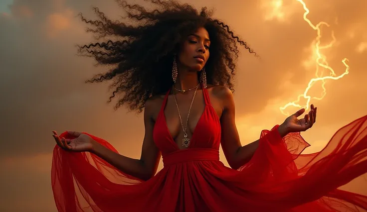 Full hd,  super quality, 8k maximum resolution, Iansã rainha dos winds e storms, A black-skinned woman with black and curly hair,  long red dress ,  gold accessories , Eruexim in the hand, winds, storms. tornado. Rainha dos winds, mystic, Iansã,umbanda, Sp...