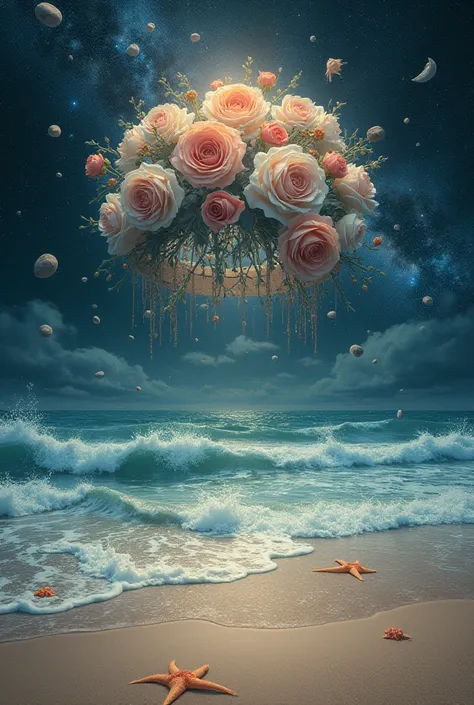  Create an image where the waves of a beach are mixed with the galaxy and the universe outside the Earth.  Asteroids and starfish around everything . And a crown of roses at the center .