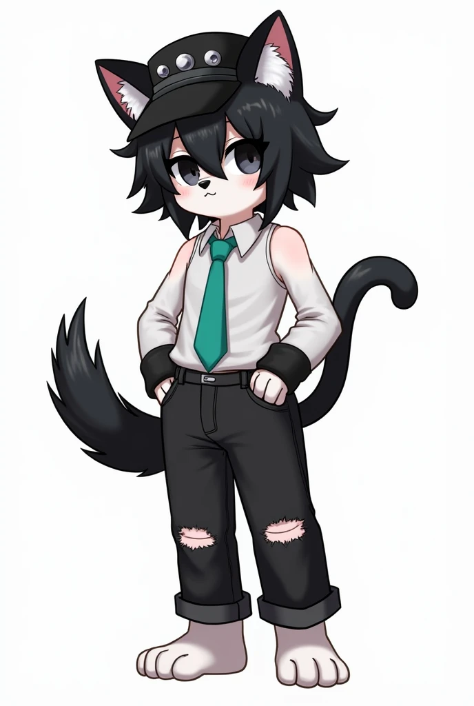 white muzzle, black fluffy tail, black hat with silver ornaments, black gloves, black tank top, torn black jeans, full-length drawing1boy, animal ears, animal nose, aqua necktie, black eyes, black fur, black hair, black headwear, body fur, cat boy, closed ...