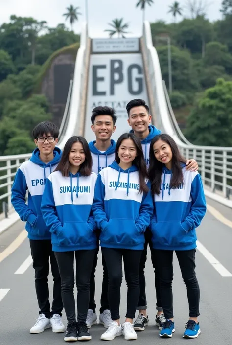 6 Asian lovers consisting of 3 Asian men with undercut hair and 3 women with wavy hair above their shoulders wearing blue and white hoodies with EPG written on them, and wearing black jeans and blue and white sneakers, they are on the Sukabumi white bridge...