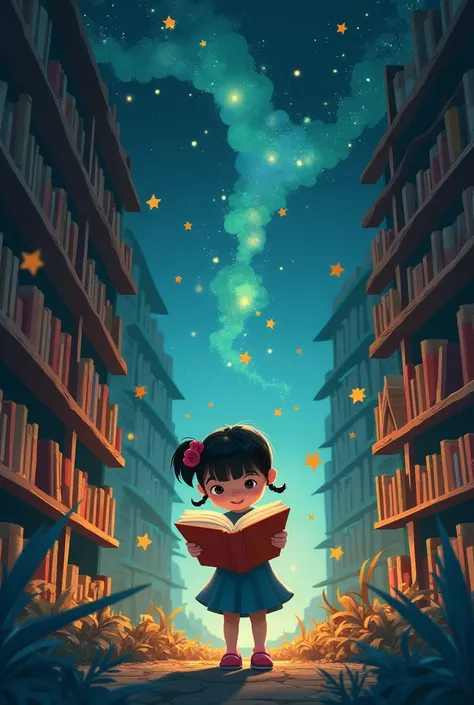 The story follows a young girl named Mira who discovers a magical library where each book opens up a new world filled with unique adventures. She explores different realms inside these books, learning lessons and making new friends.
