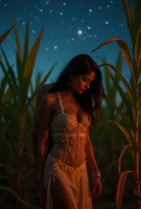 I want a photo of a sexy girl and boy in a sugarcane field where the girl is bending in front of an Indian boy and the girl's body is exposed in a sexy dress and night sex mood 