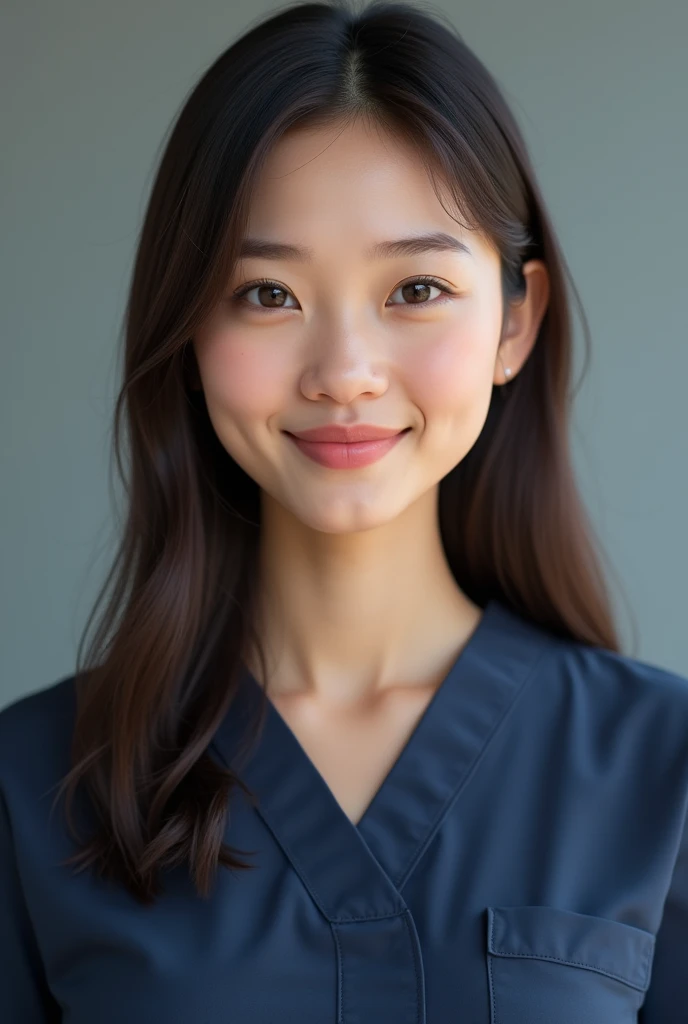  nurse, tez blanca, straight brown hair ,  brown eyes , navy blue uniform