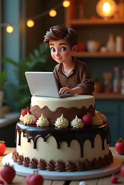  hyperrealistic,  who says happy birthday Sebastian ,  a beautiful black and white chocolate cake , two-story, On top of it a 21 year old "  young man",  moderately chubby ,  light brown hair ,  green eyes,  beautiful, On top of the cake he works on his la...