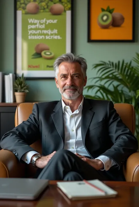 Image of a man sitting in a suit sitting on an armchair in his office with kiwifi sales signs