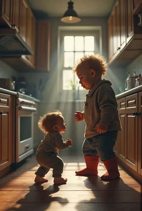 A one year s standing against a kitchen. They are both ready to fight & stand. 