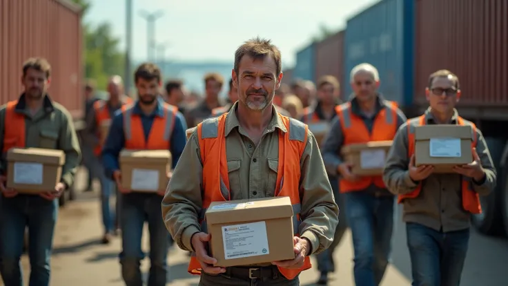 
 Loaders 20 people,  European appearance 35-40 years old, everyone is dressed like workers in Russia ,  not much tired , dirty ,  photographed on a Canon EOS R5, LENS 50MM, /2.8, HDR, professional,  Hyperrealistic   ,  super detailed , loading коробок, Cr...