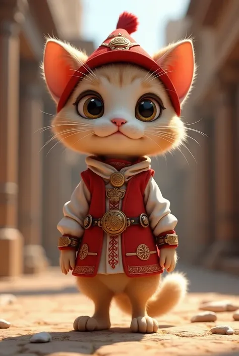 Make a cute 3D Merchant Cat of ancient Lidia Kingdom. He is also a time traveler. Wearing red and white costume. Has a red hat