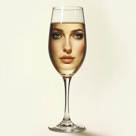 Photorealistic image, high resolution, glass of champagne reflecting the face of a very beautiful woman in the reflection, soft cinematic haze, warm lighting, textured pencil lines, white background.