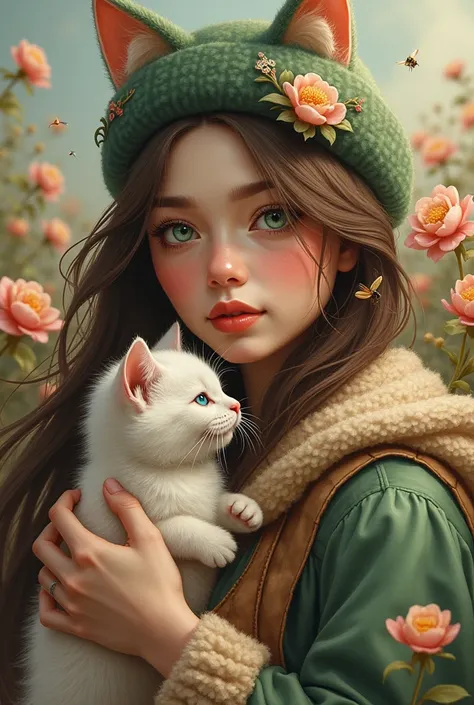 Une femme très réaliste cheveux long brun, yeux vert avec une casquette des Yankess  qui porte dans ses bras un chat sacré de Birmanie blanc, yeux bleu. Le chat porte une casquette des Yankess. Autour d'eux beaucoup abeille butine dans des fleurs de cerisi...