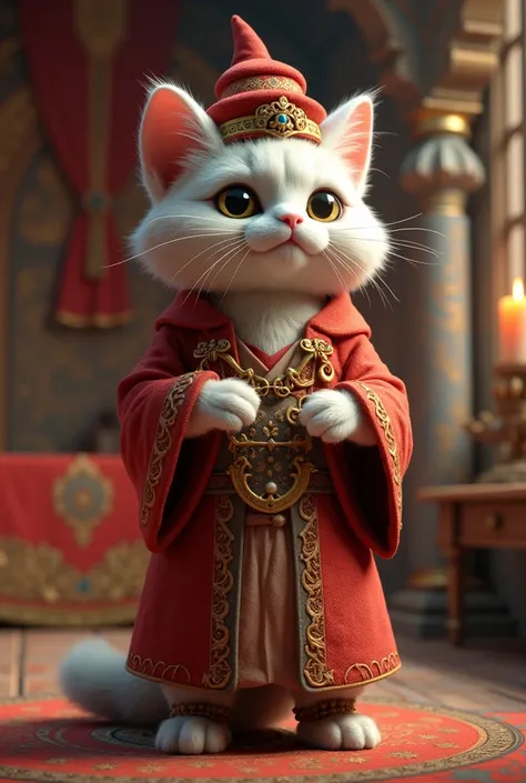 Make a wise 3D Merchant Cat of ancient Lidia Kingdom. He is also a time traveler. Wearing red and white costume. Has a red hat