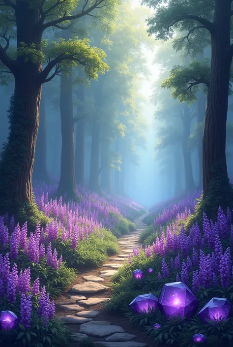  pictorial or realistic depiction of nature .  The elements to be included are the forest , purple flowers and gemstones .

 - The art must mix these elements in a uniform and visually appealing way .
- Dimensions - 2000 x 1333 pixels for web and mobile