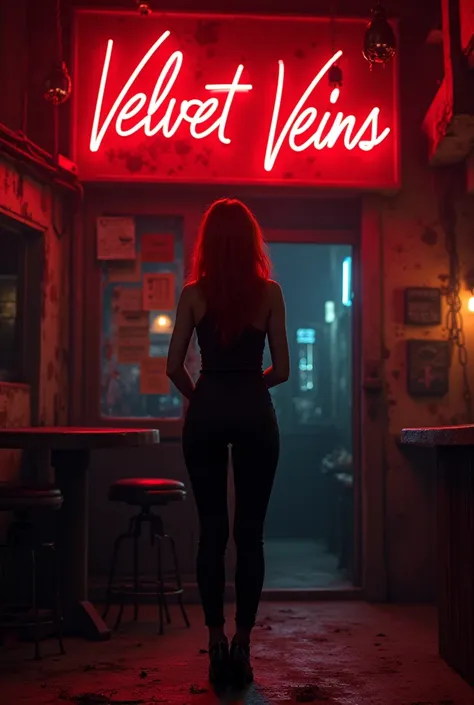 Make a poster containing just a red neon sign in front of what appears to be an old and dirty bar. The sign says "Velvet Veins ". In front of the bar theres a redhead woman smoking a cigarret