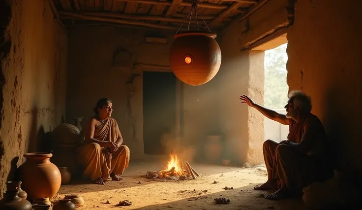 "Depict a cinematic scene inside a rustic hut in an ancient Indian village, where an elderly man watches with shock and alarm as his wife takes down a large clay pot suspended from the ceiling. The pot, which contains a hidden radiant gemstone, is being li...